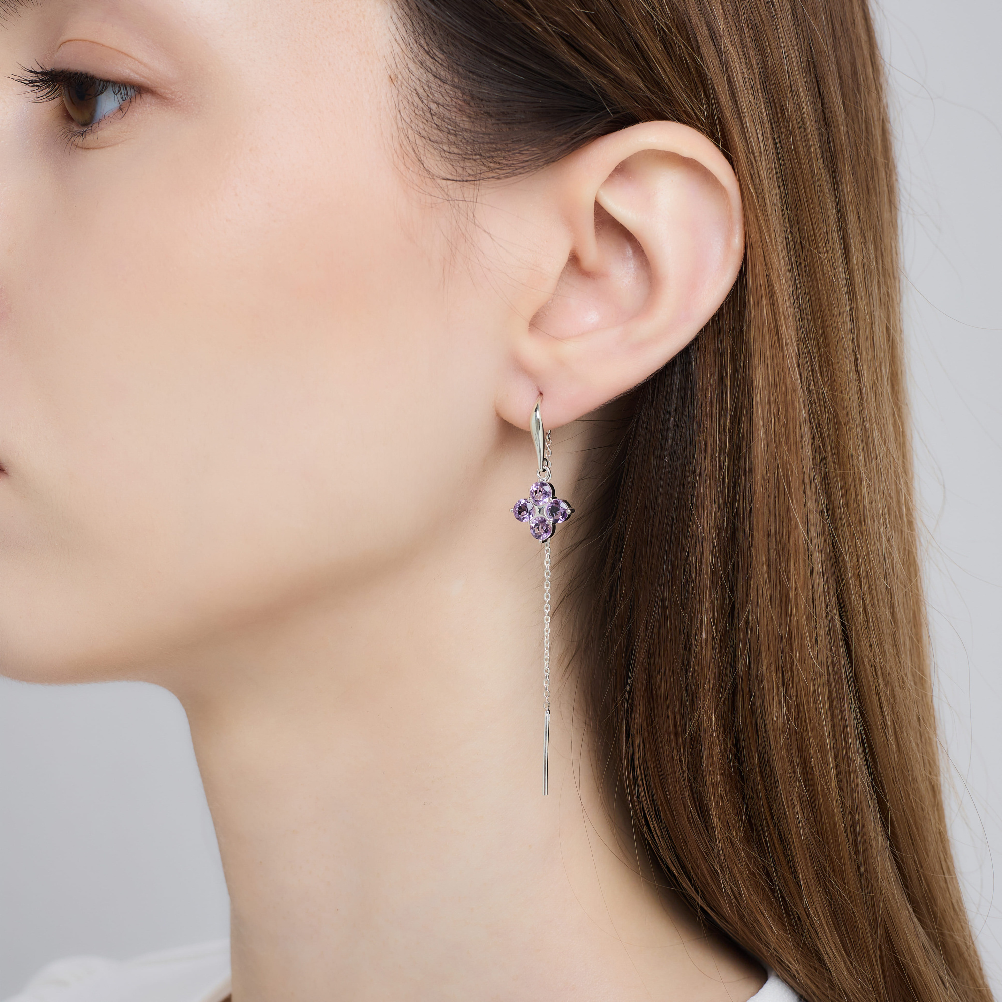 INFANTA Серьги протяжки Principessa Quadrifoglio с аметистами в серебре