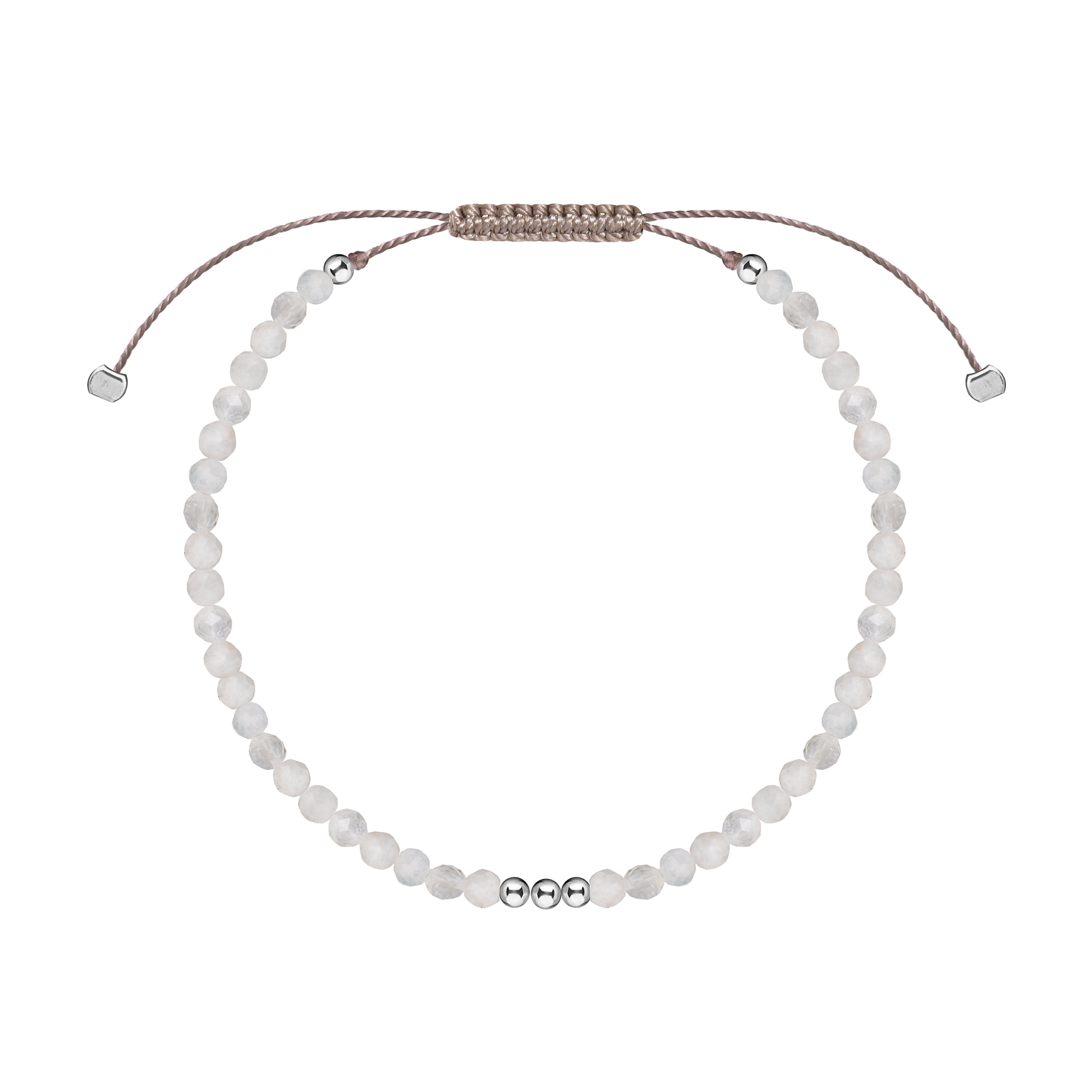 MS. MARBLE Браслет с лунным камнем на бежевой нитке серебро