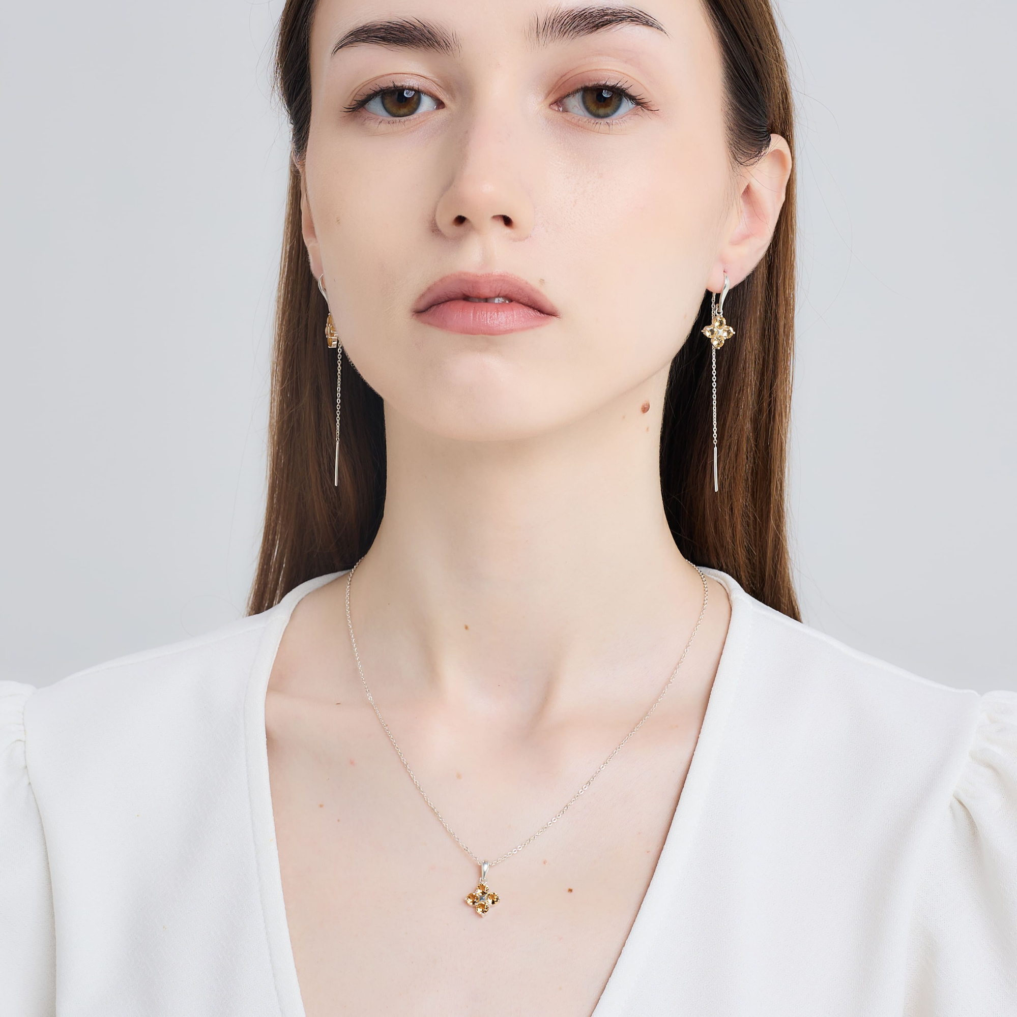 INFANTA Серьги протяжки Principessa Quadrifoglio с цитринами в серебре