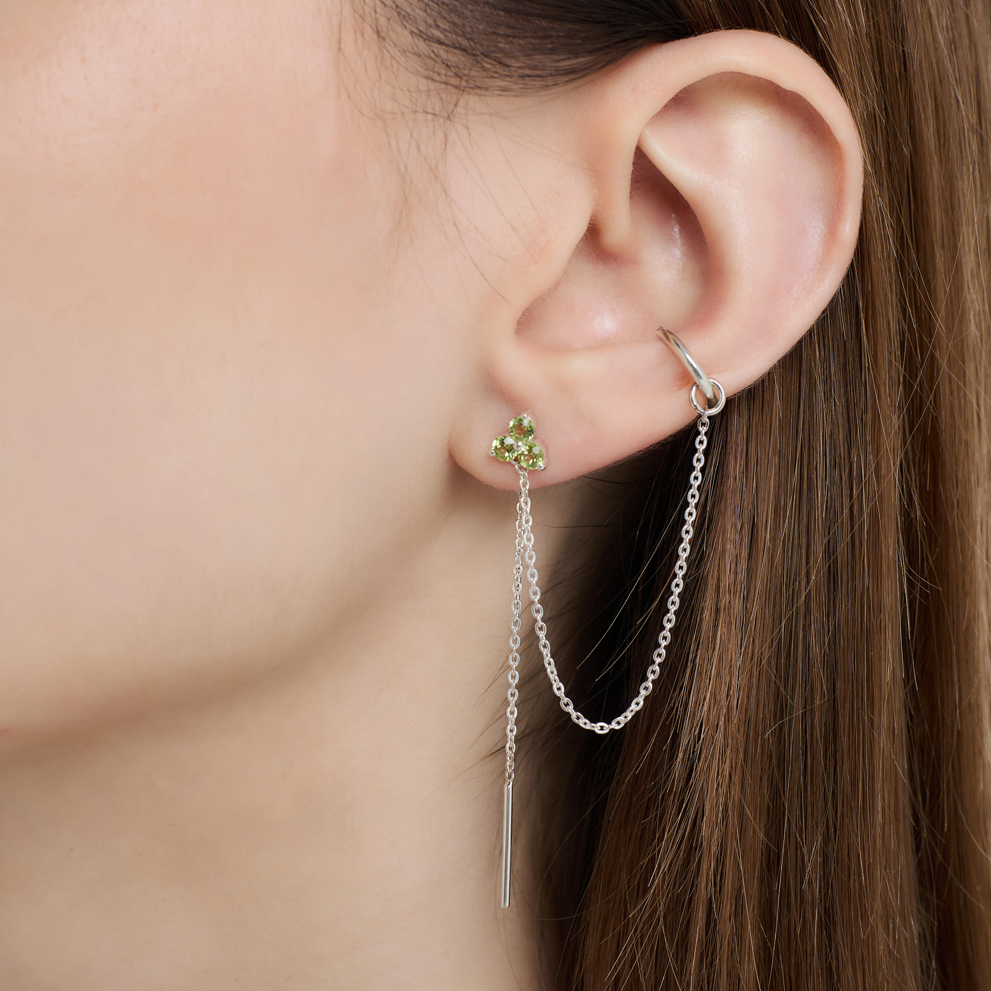 INFANTA Серьги протяжки Principessa Trifoglio piccolo с хризолитами в серебре